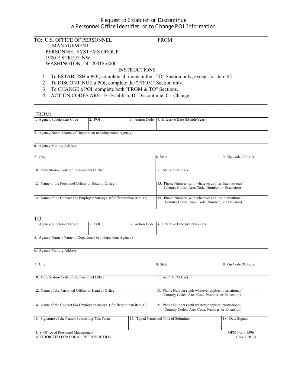 OPM Form 1396 Request to Establish or Discontinue a Personnel Office Identifier, or to Change Poi Information, Page 1
