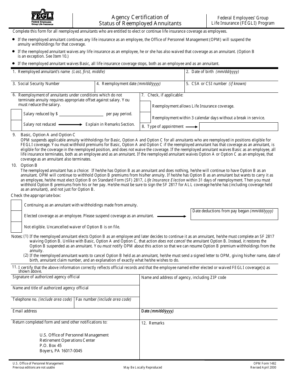 OPM Form 1482 Agency Certification of Status of Reemployed Annuitants, Page 1