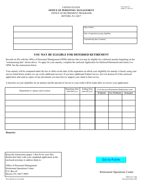 OPM Form 1496 Application for Deferred Retirement (For Persons Separated Before October 1, 1956)
