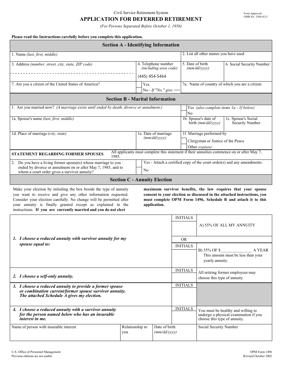 OPM Form 1496 Application for Deferred Retirement (For Persons Separated Before October 1, 1956), Page 10