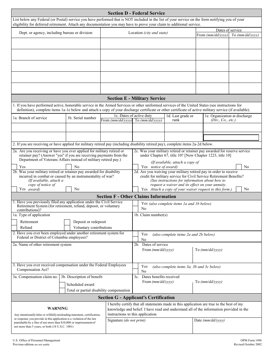 OPM Form 1496 Application for Deferred Retirement (For Persons Separated Before October 1, 1956), Page 11