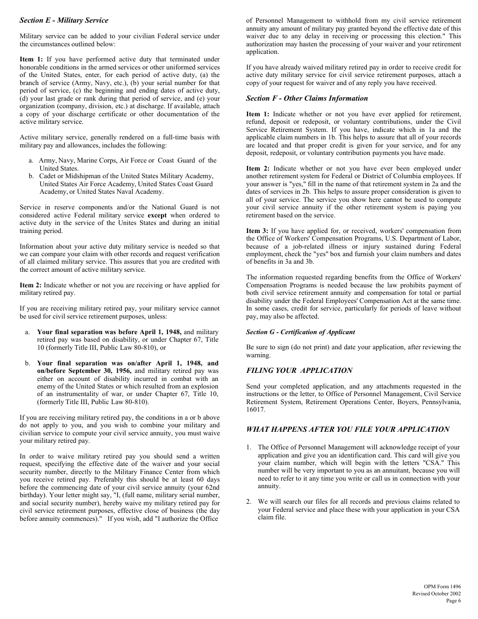 OPM Form 1496 Application for Deferred Retirement (For Persons Separated Before October 1, 1956), Page 7