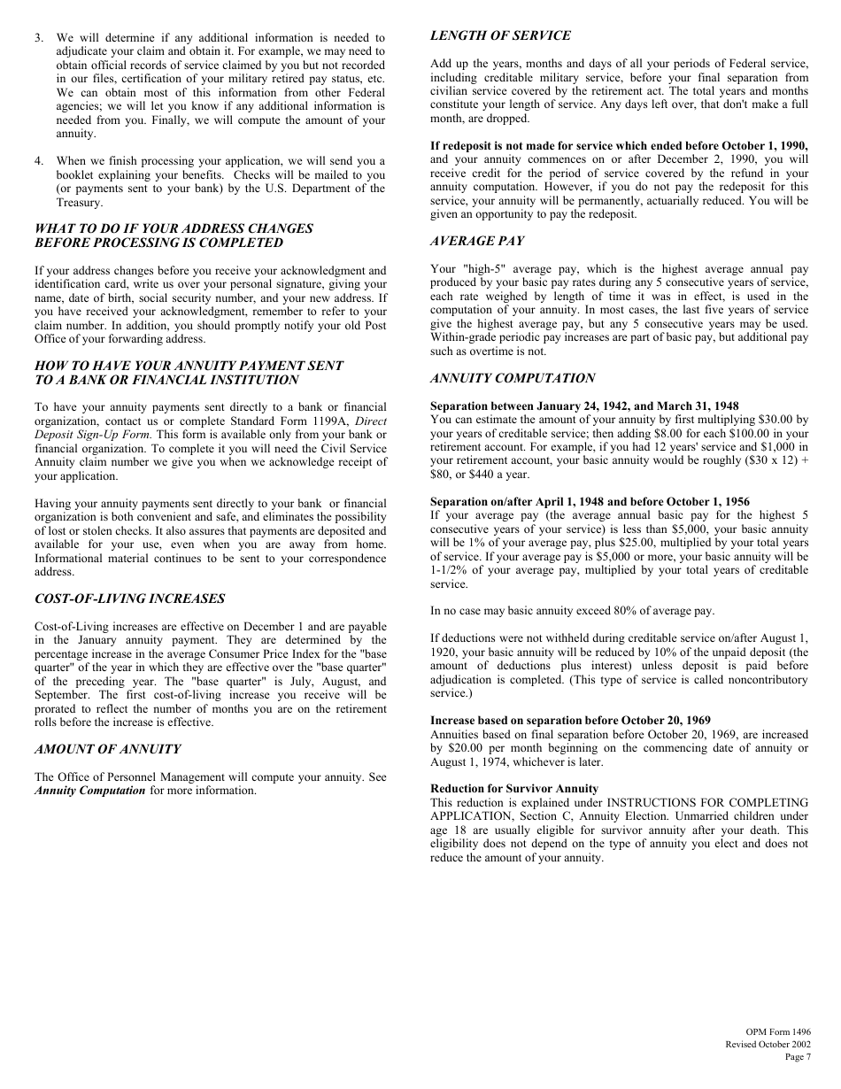 OPM Form 1496 Application for Deferred Retirement (For Persons Separated Before October 1, 1956), Page 8