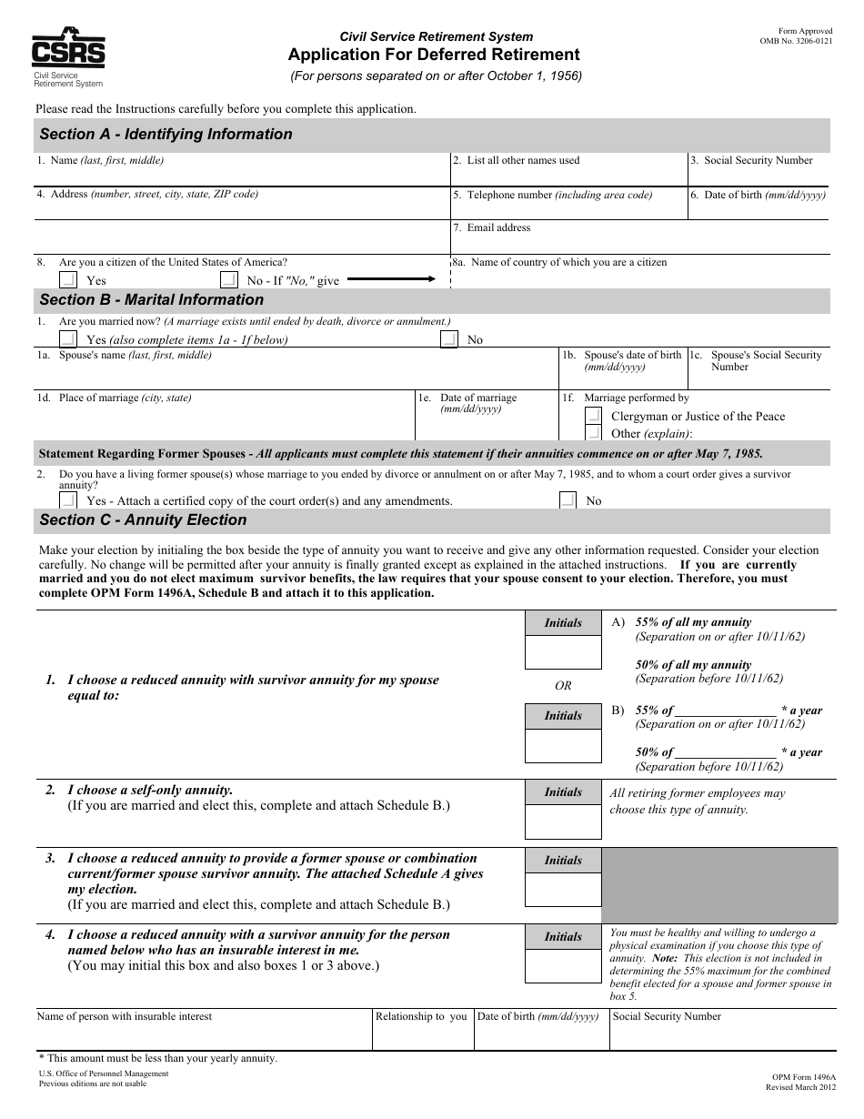 Opm Form 1496a Download Fillable Pdf Or Fill Online Application For Deferred Retirement 3038