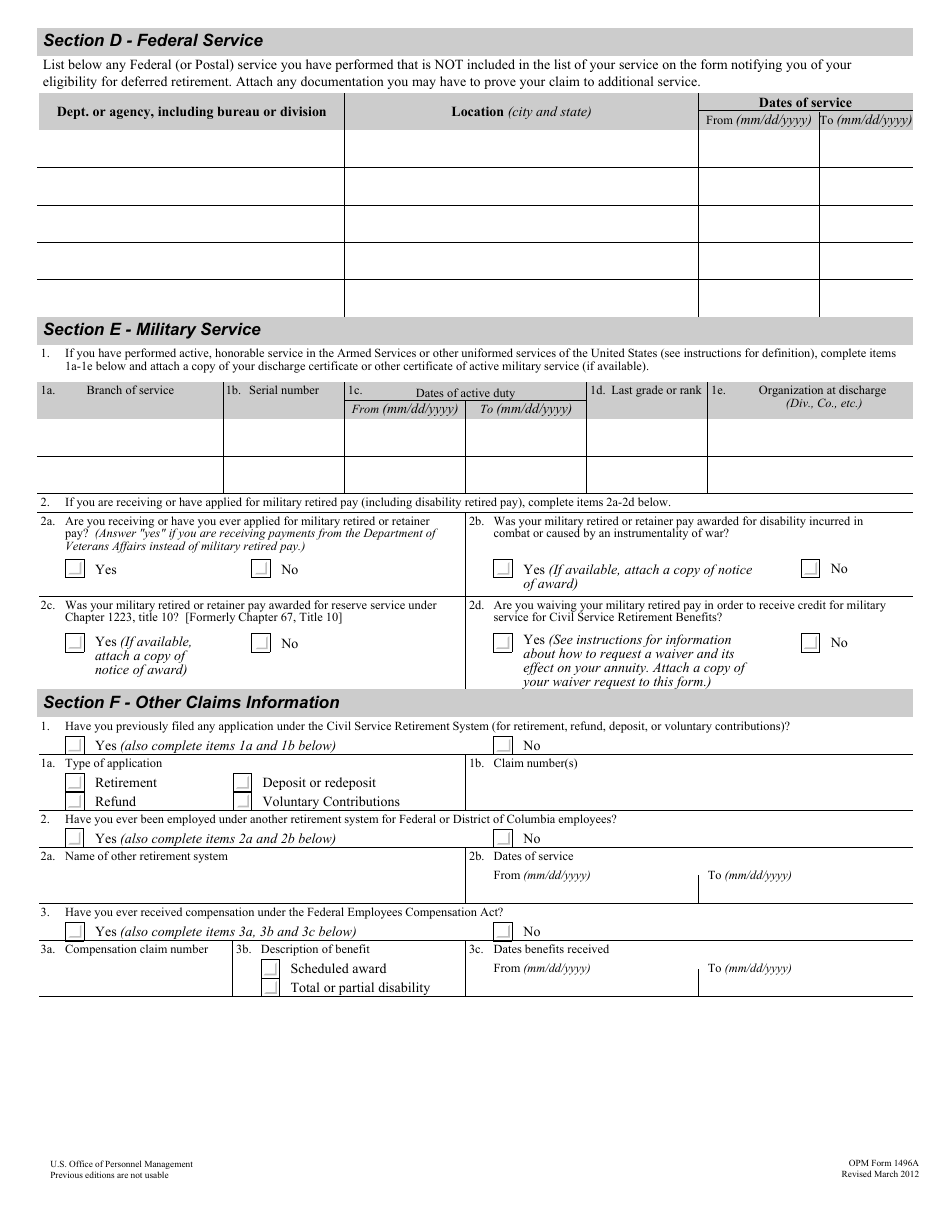 OPM Form 1496A Application for Deferred Retirement (Separations Before October 1, 1956), Page 12