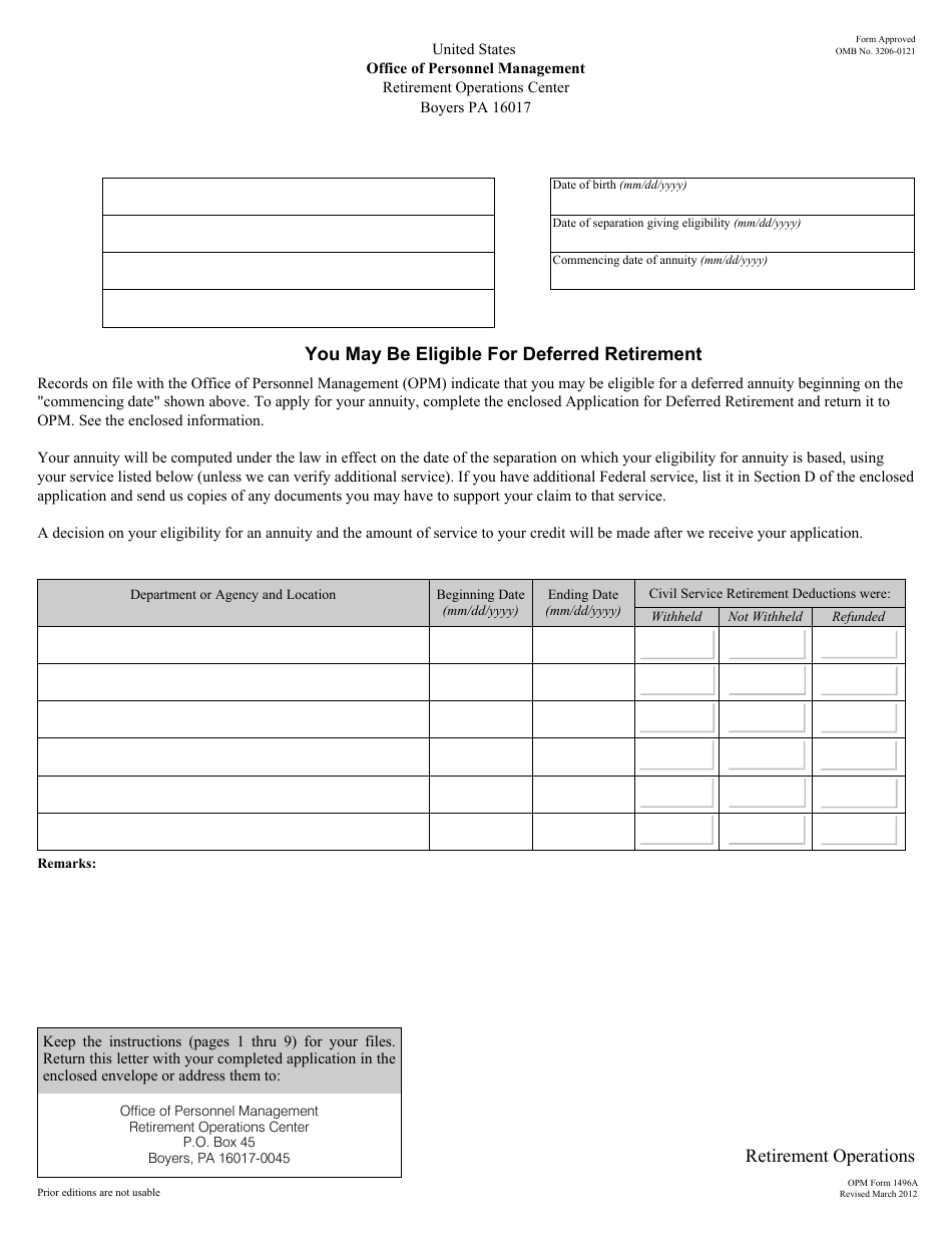 OPM Form 1496A Application for Deferred Retirement (Separations Before October 1, 1956), Page 1