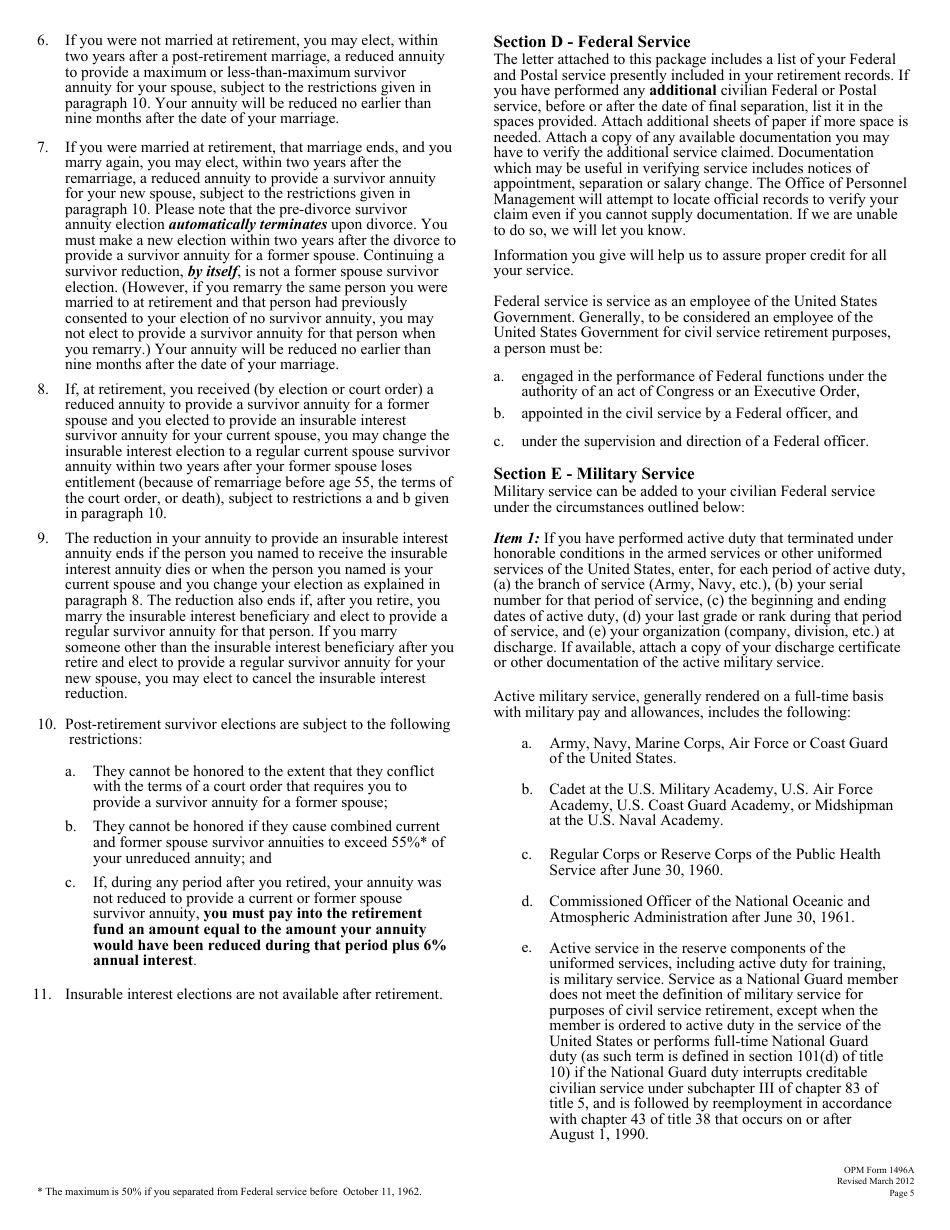 OPM Form 1496A Application for Deferred Retirement (Separations Before October 1, 1956), Page 6