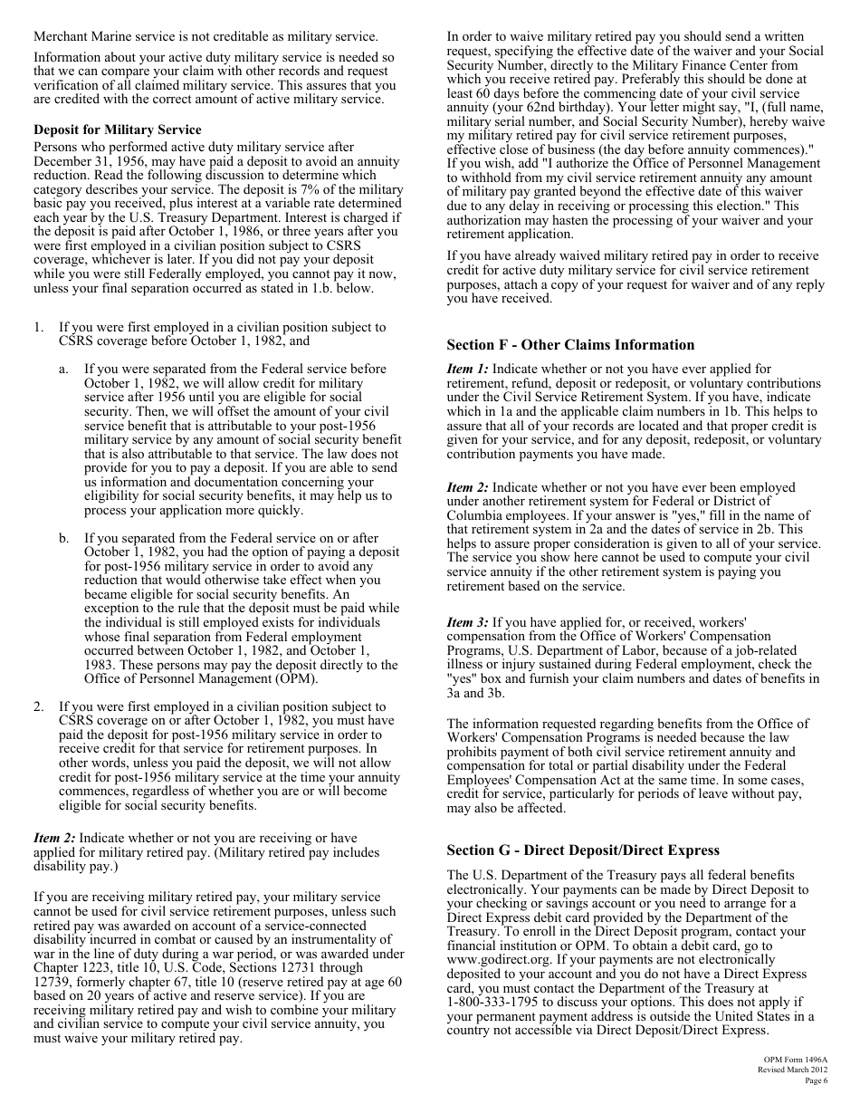OPM Form 1496A Application for Deferred Retirement (Separations Before October 1, 1956), Page 7