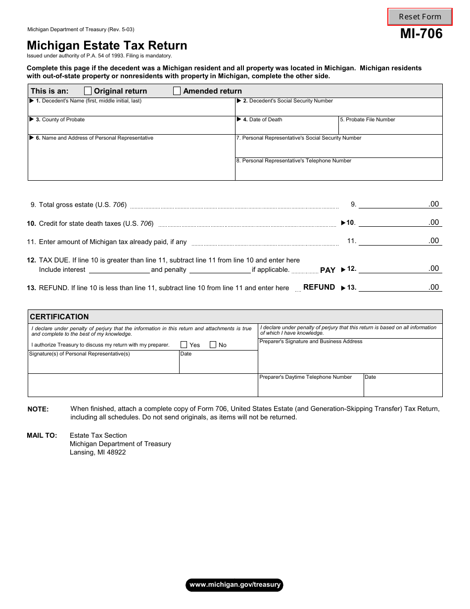 Form MI-706 Michigan Estate Tax Return - Michigan, Page 1