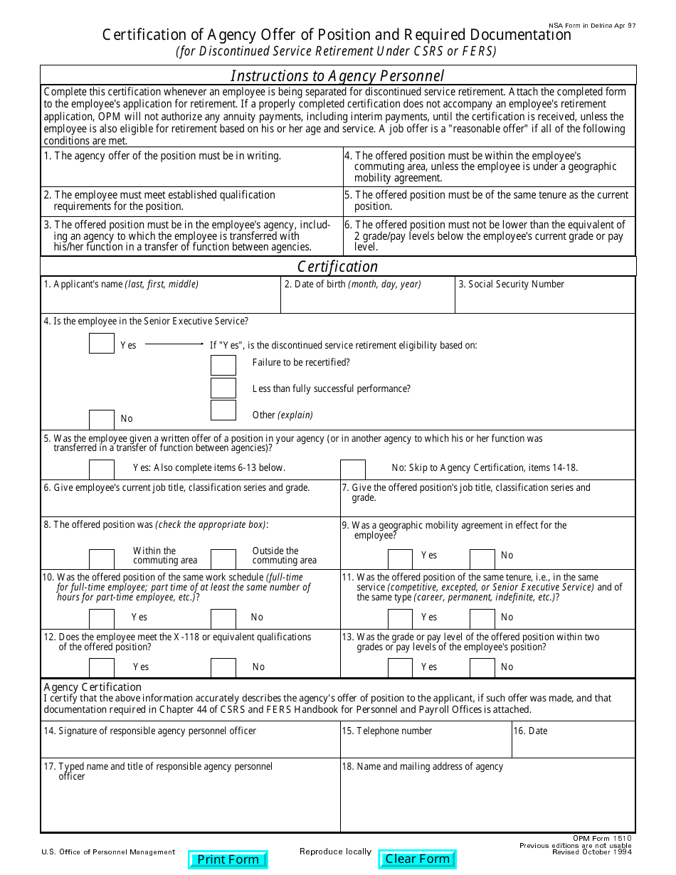 OPM Form 1510 Certification of Agency Officer of Position and Required Documentation for Discontinued Service Retirement Under Csrs or Fers, Page 1