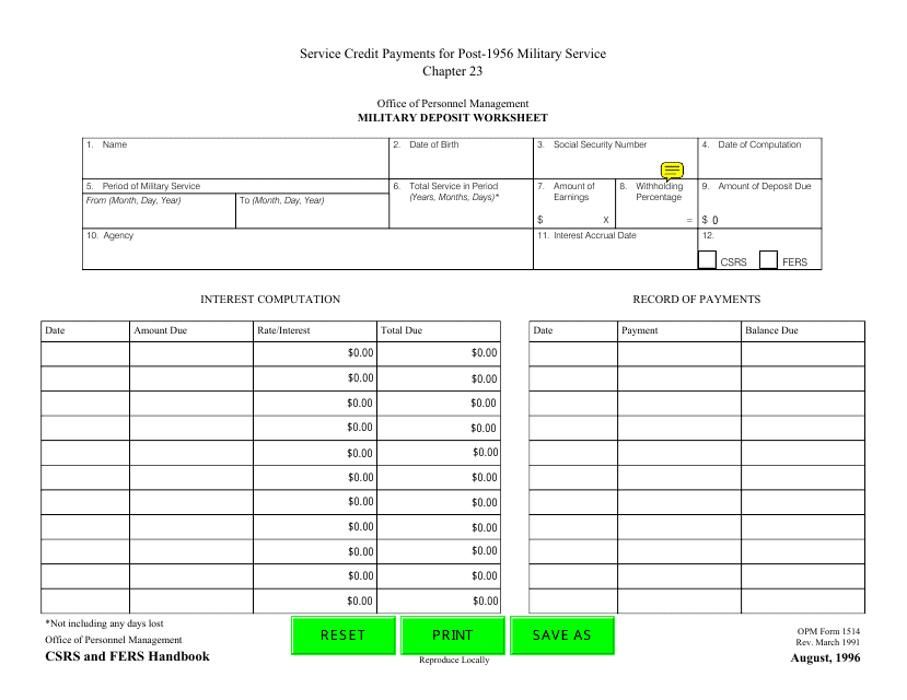 OPM Form 1514 Military Deposit Worksheet