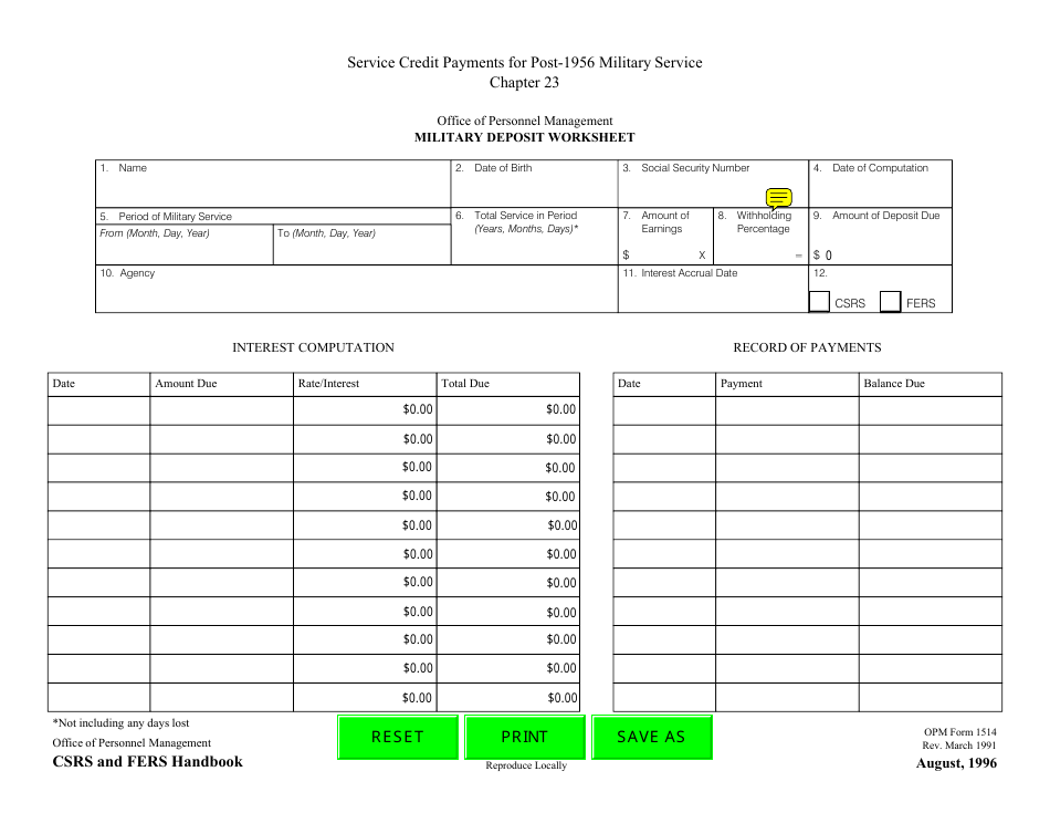 OPM Form 1514 Military Deposit Worksheet, Page 1