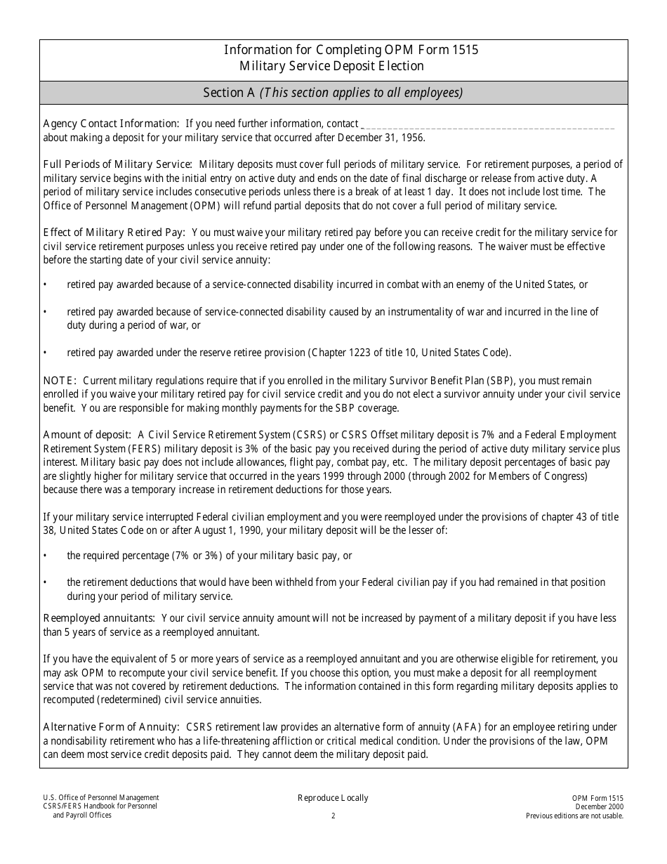 OPM Form 1515 Military Service Deposit Election, Page 2