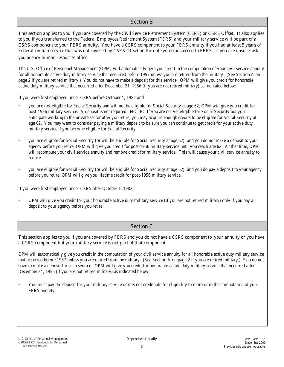 OPM Form 1515 Military Service Deposit Election, Page 3