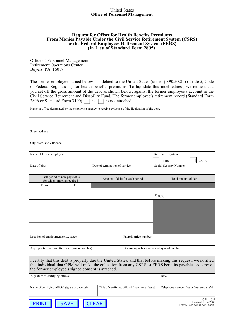 OPM Form 1522 Request for Offset for Health Benefits Premiums From Monies Payable Under the Civil Service Retirement System or the Federal Employees Retirement System (In Lieu of SF 2805), Page 1