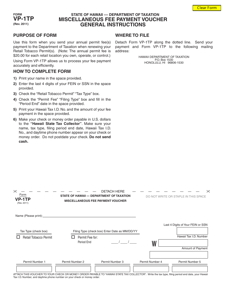 Form VP-1TP Miscellaneous Fee Payment Voucher - Hawaii, Page 1