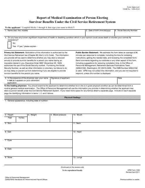 OPM Form 1530 Report of Medical Examination of Person Electing Survivor Benefit Under the Civil Service Retirement System