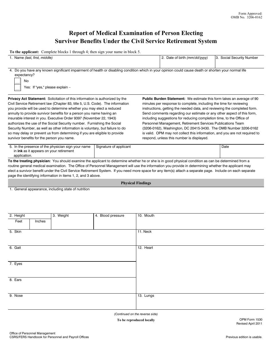 OPM Form 1530 Report of Medical Examination of Person Electing Survivor Benefit Under the Civil Service Retirement System, Page 1