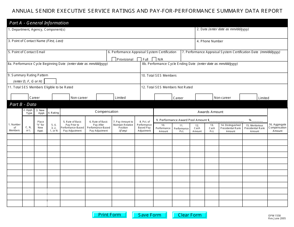 OPM Form 1558 Annual Senior Executive Service Ratings and Pay-For-Performance Summary Data Report, Page 1