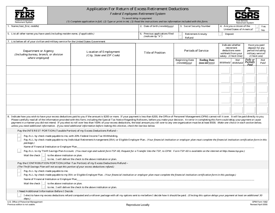 OPM Form 1562 Application for Return of Excess Retirement Deductions, Page 1