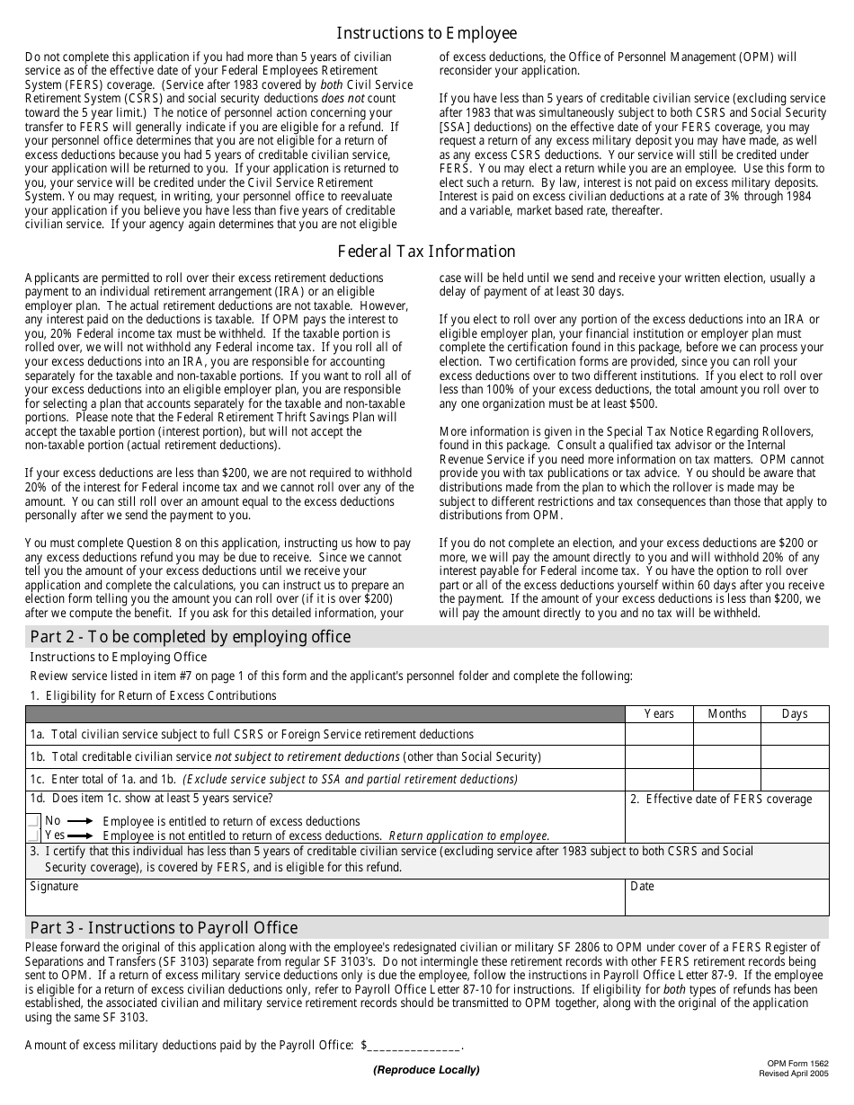 OPM Form 1562 Application for Return of Excess Retirement Deductions, Page 3