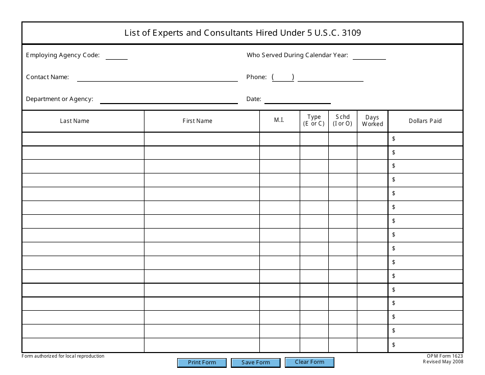 OPM Form 1623 List of Experts and Consultants Hired Under 5 U.s.c. 3109, Page 1
