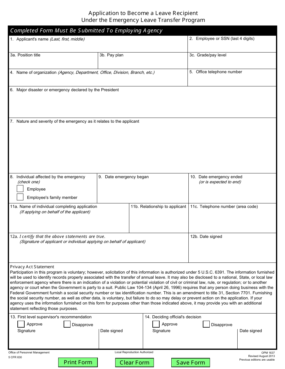 OPM Form 1637 Application to Become a Leave Recipient Under the Emergency Leave Transfer Program, Page 1