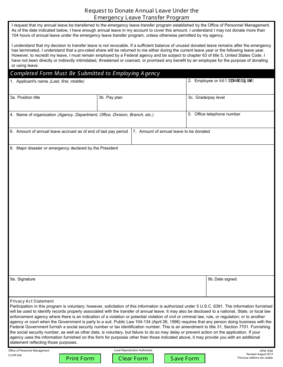 OPM Form 1638 Request to Donate Annual Leave Under the Emergency Leave Transfer Program, Page 1