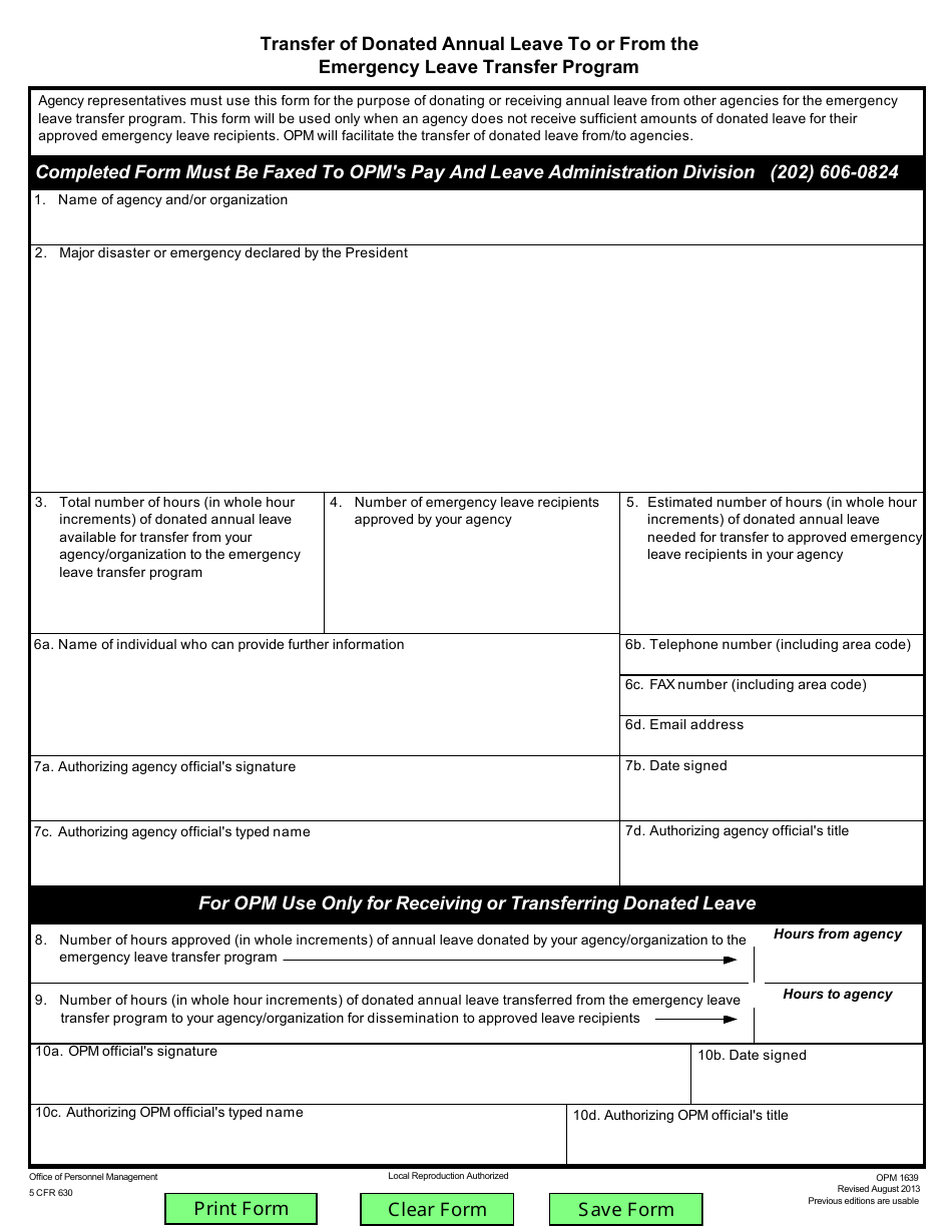 OPM Form 1639 Transfer of Donated Annual Leave to / From the Emergency Leave Transfer Program, Page 1
