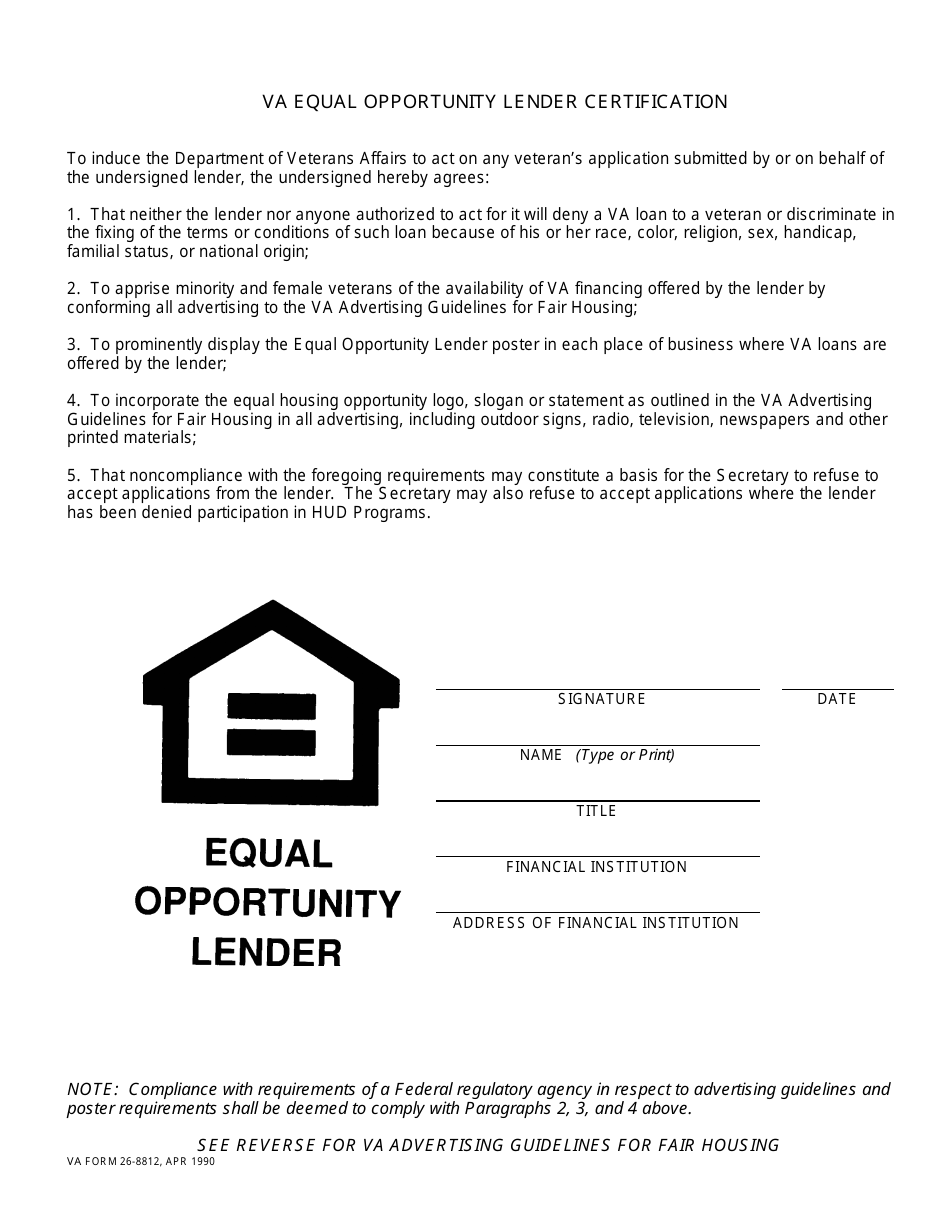 VA Form 26-8812 VA Equal Opportunity Lender Certification, Page 1