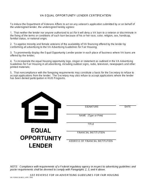 VA Form 26-8812 VA Equal Opportunity Lender Certification