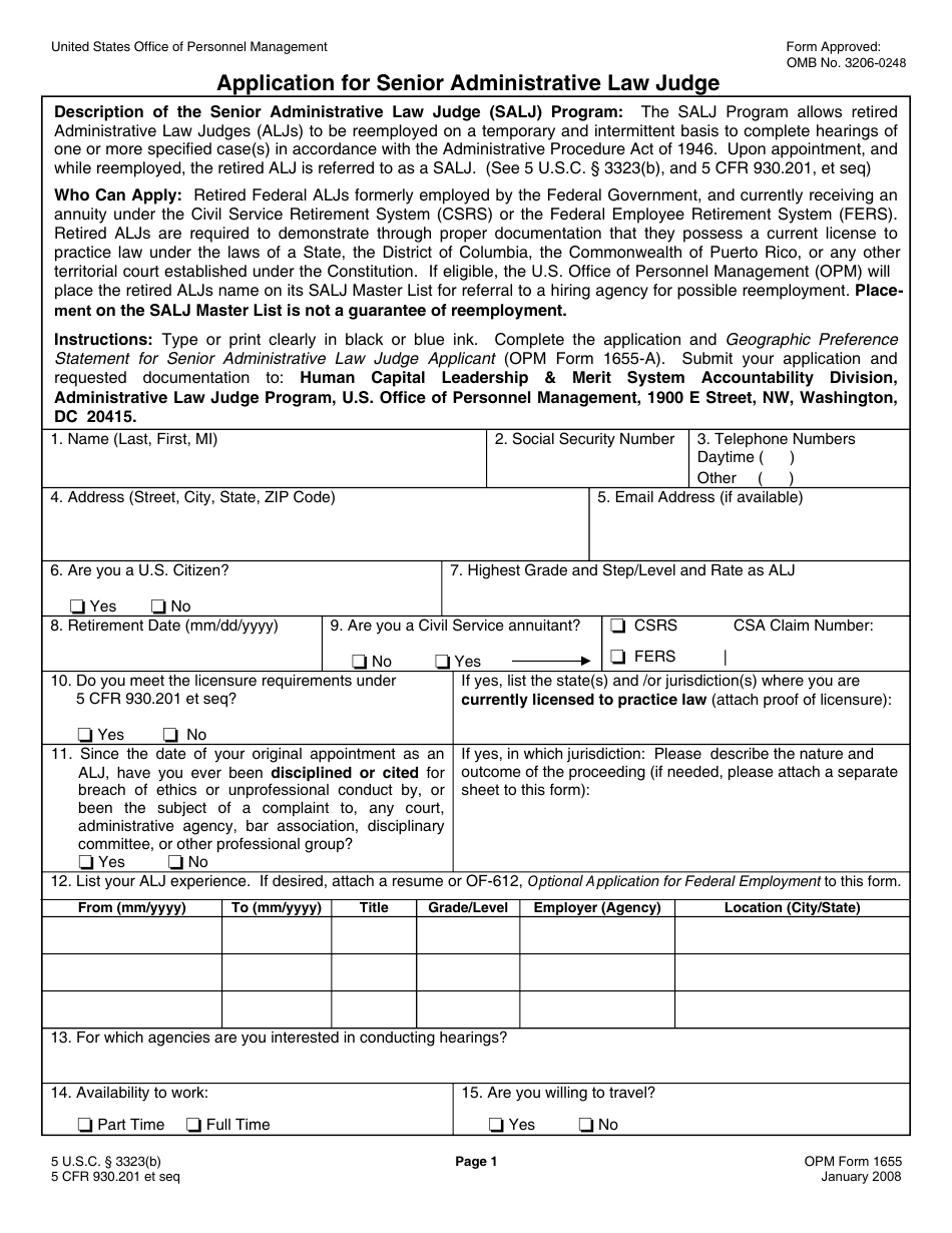 OPM Form 1655 Application for Senior Administrative Law Judge, Page 1