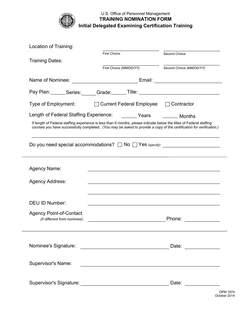 OPM Form 1674 Training Nomination and Employee Assessment, Delegated Examining Training, Page 1