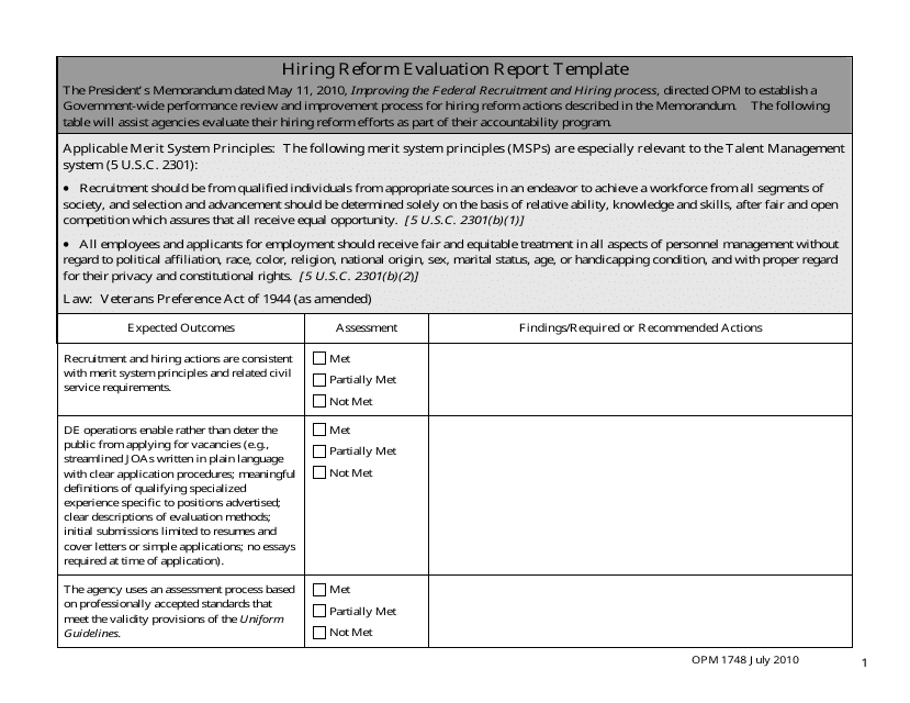OPM Form 1748 Hiring Reform Evaluation Report Template
