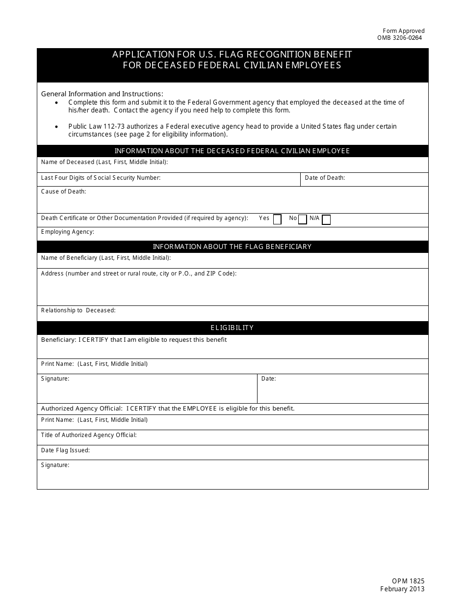 OPM Form 1825 Application for U.S. Flag Recognition Benefit for Deceased Federal Civilian Employess, Page 1