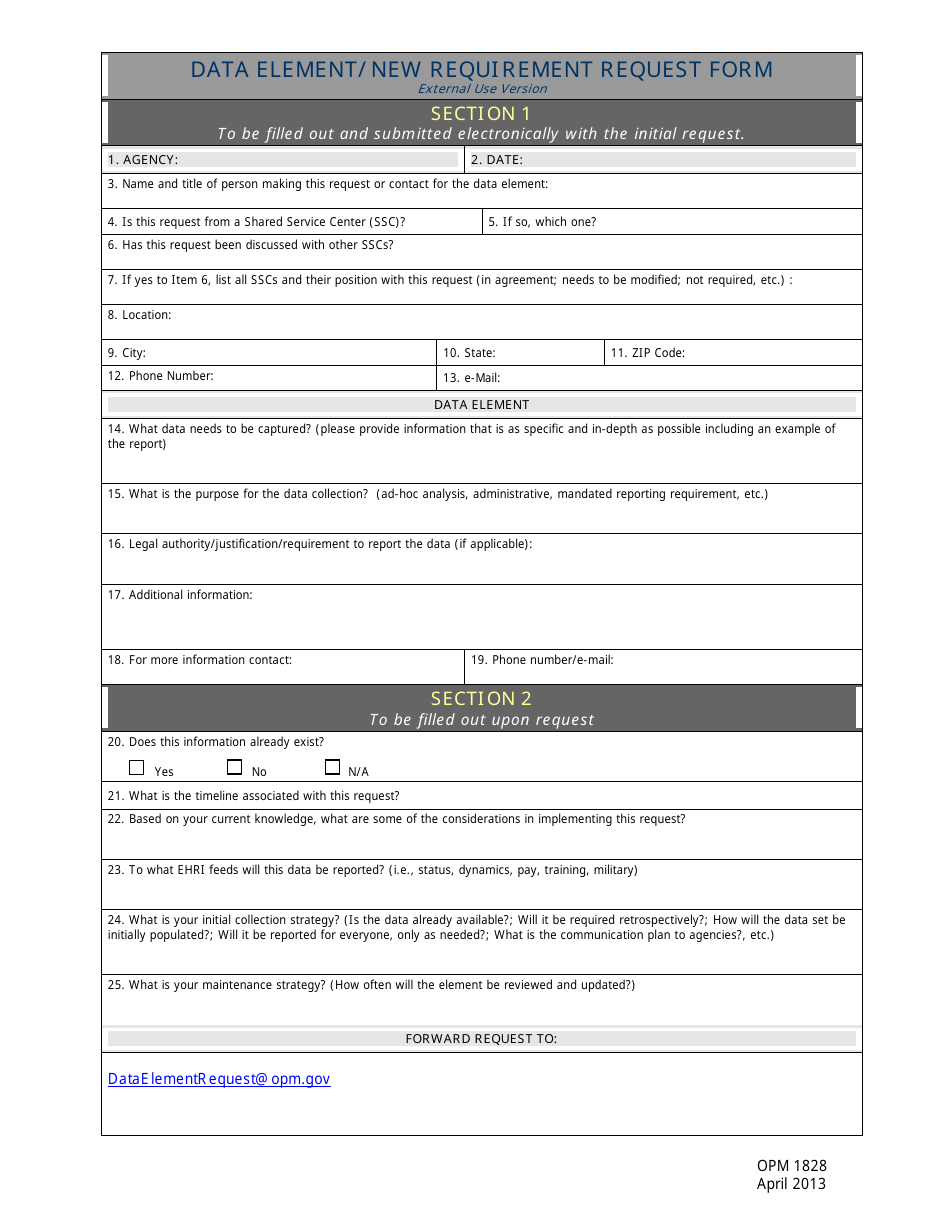 OPM Form 1828 Data Standards Request Form, Page 1