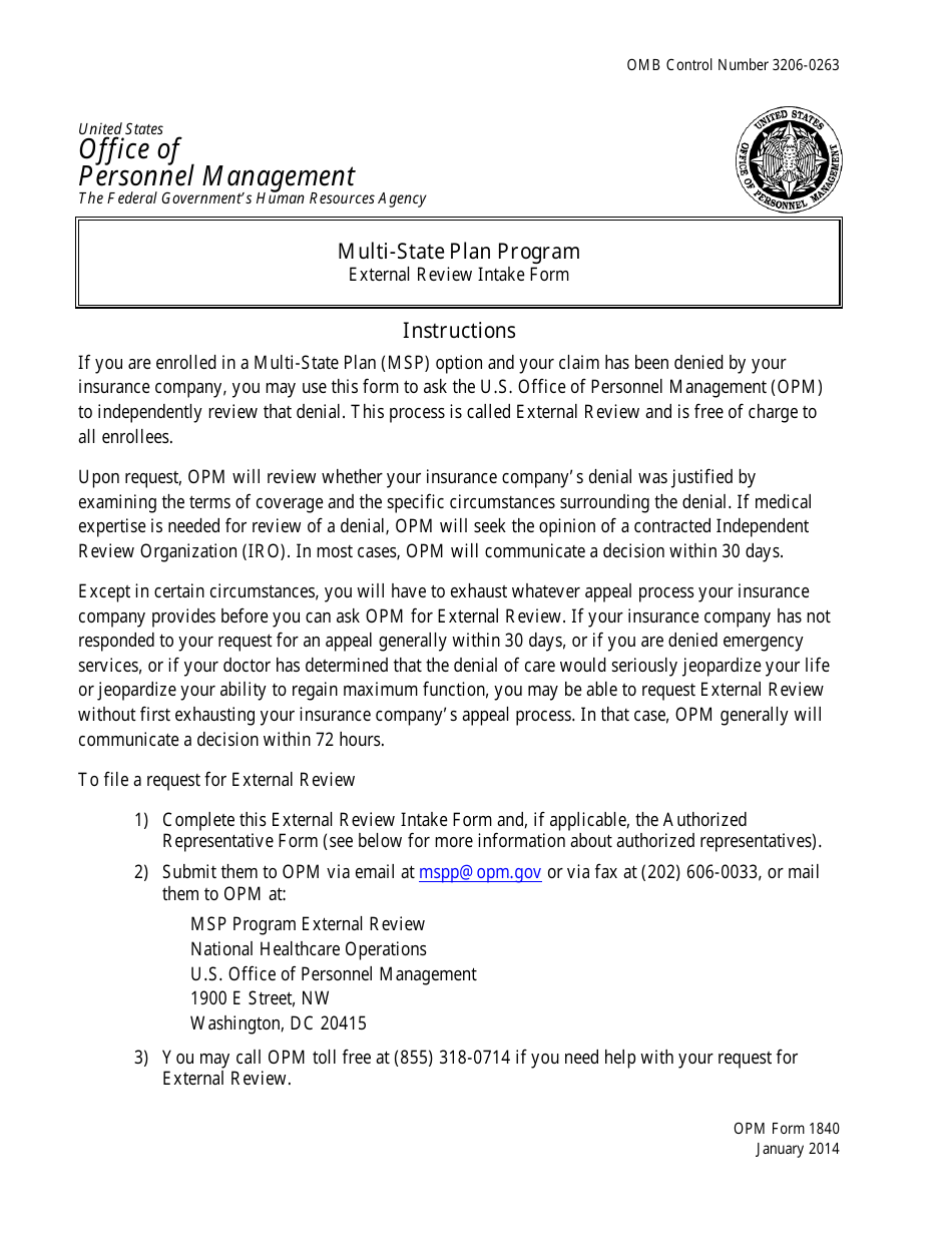 OPM Form 1840 Multi-State Plan Program External Review Intake Form, Page 1