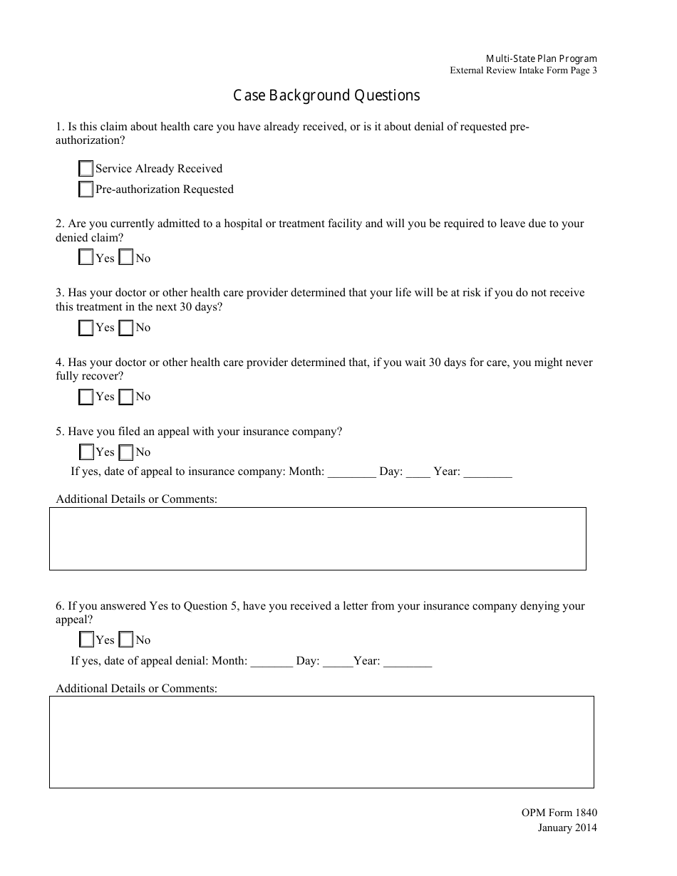OPM Form 1840 Multi-State Plan Program External Review Intake Form, Page 3