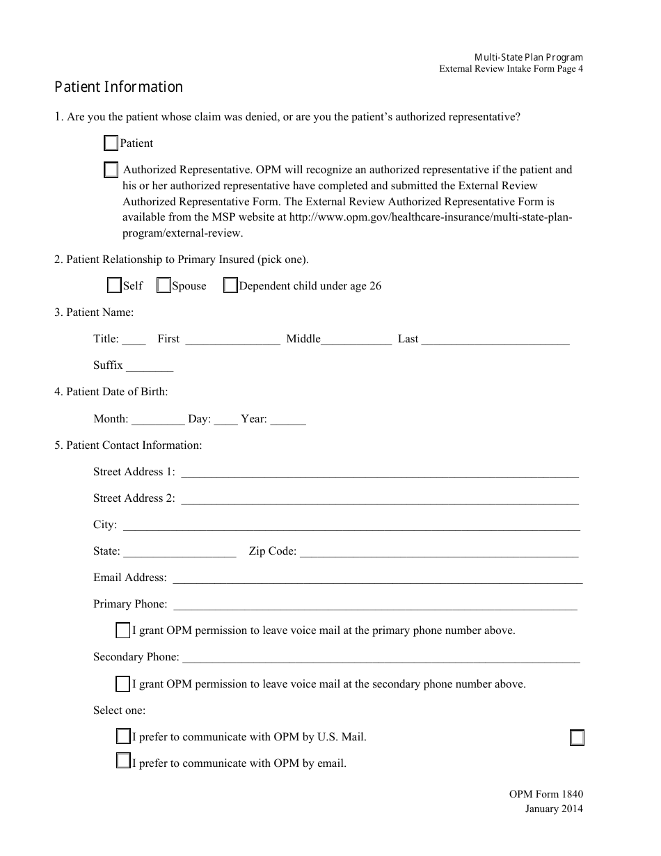OPM Form 1840 Multi-State Plan Program External Review Intake Form, Page 4