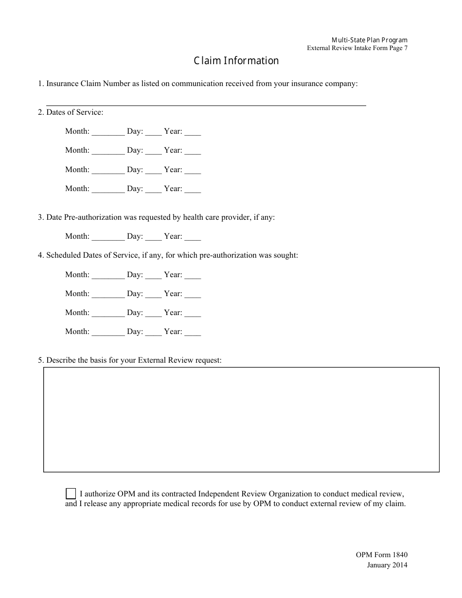 OPM Form 1840 Multi-State Plan Program External Review Intake Form, Page 7