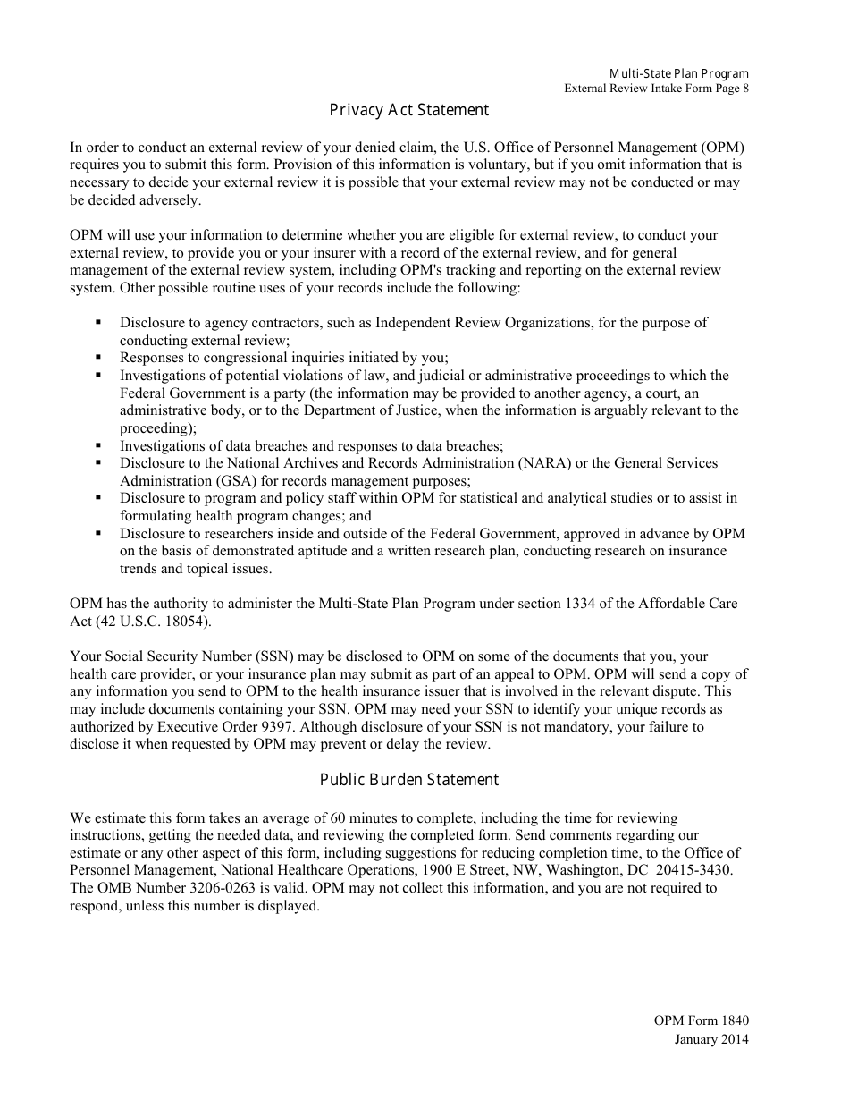 OPM Form 1840 Multi-State Plan Program External Review Intake Form, Page 8