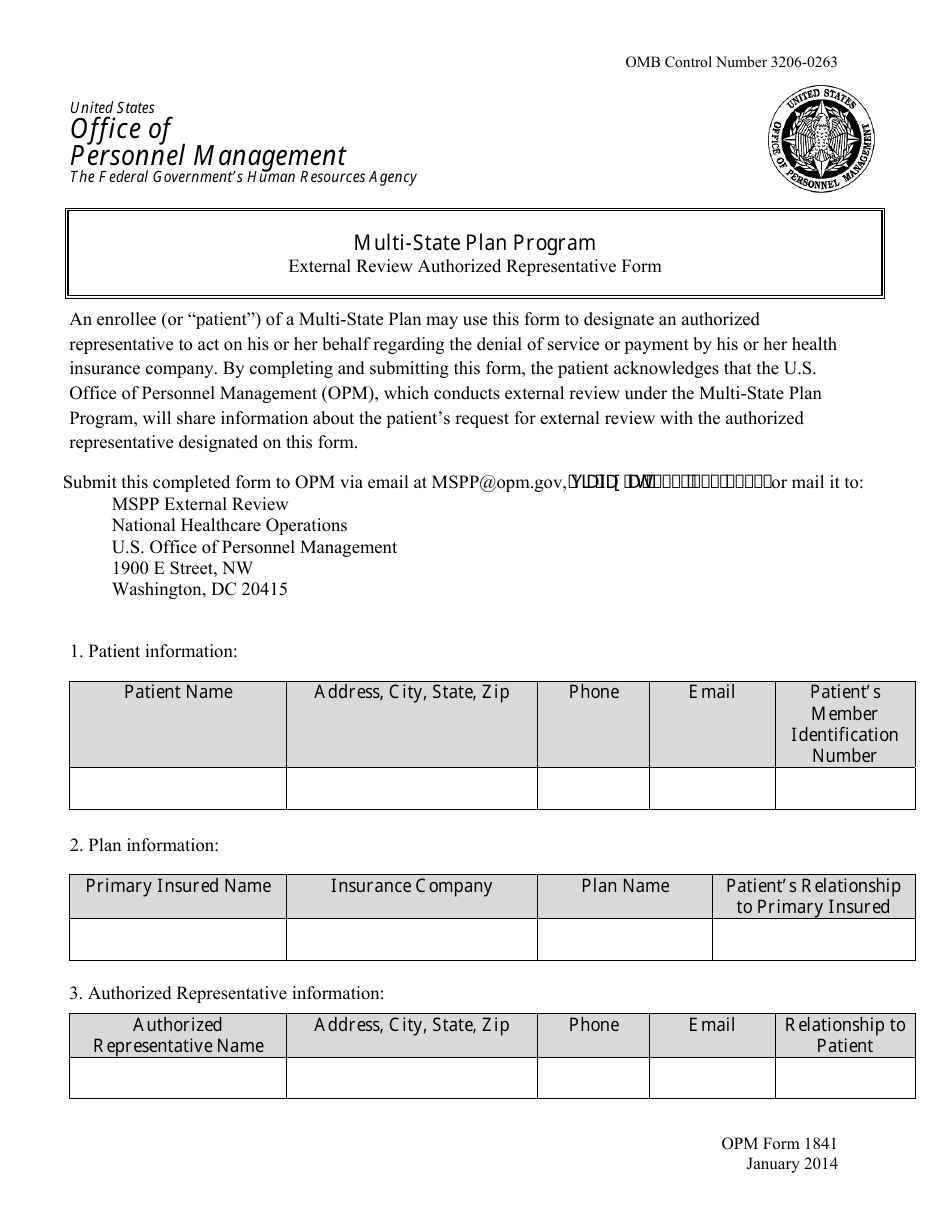 OPM Form 1841 Multi-State Plan Program External Review Authorized Representative Form, Page 1