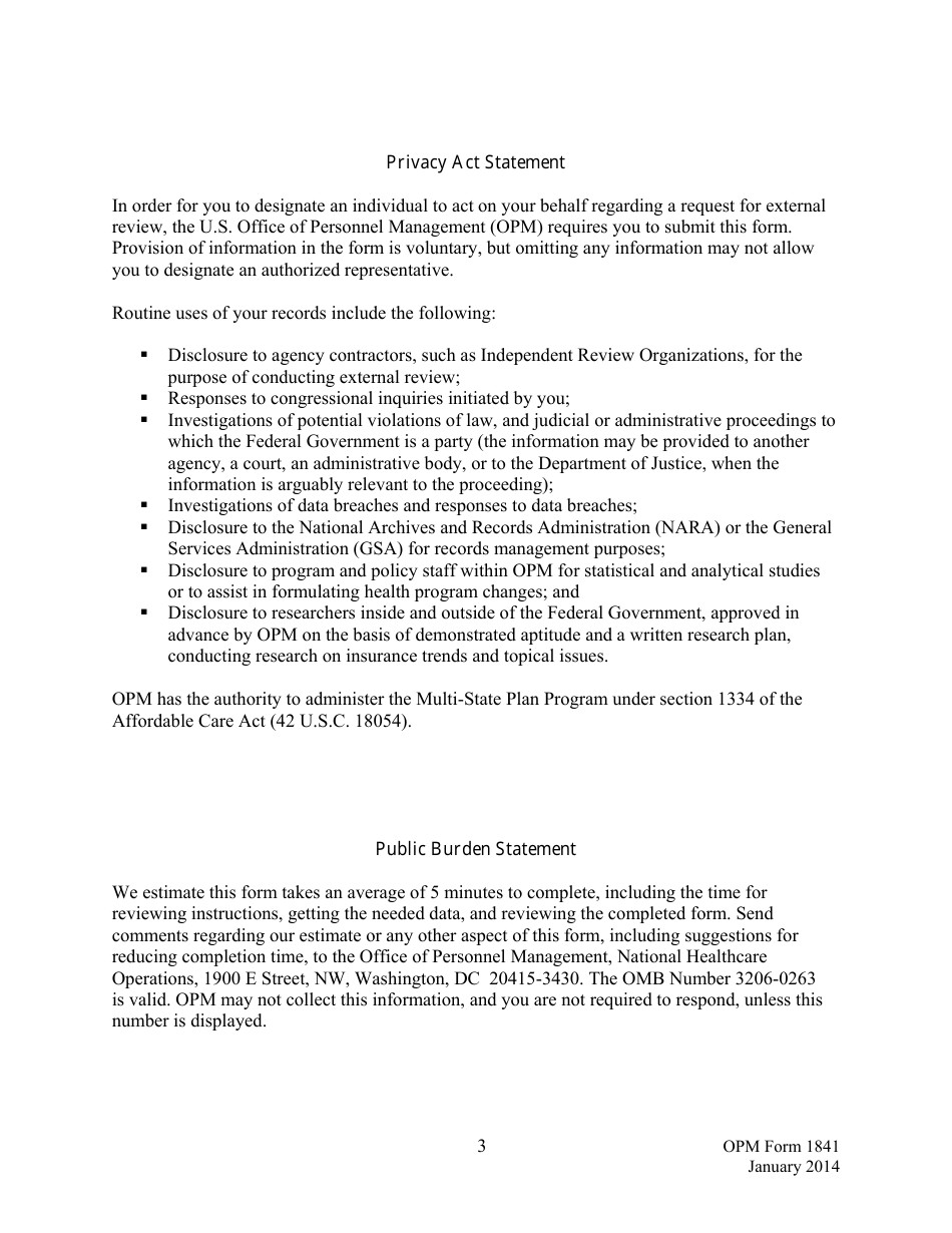 OPM Form 1841 Multi-State Plan Program External Review Authorized Representative Form, Page 3