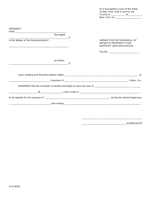 Form G-9 Order for Withdrawal of Infant's Property for Support and Education - New York