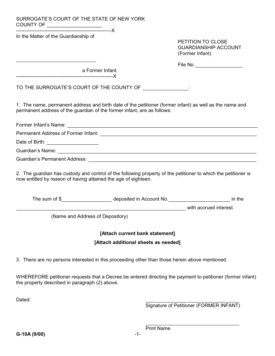 Form G-10A Petition to Close Guardianship Account (Former Infant) - New York, Page 1