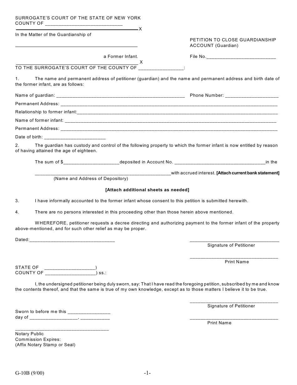 Form G-10B Petition to Close Guardianship Account (Guardian) - New York, Page 1