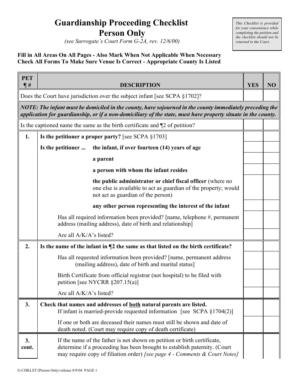 Form G-CHKLST Guardianship Proceeding Checklist Person Only - New York, Page 1