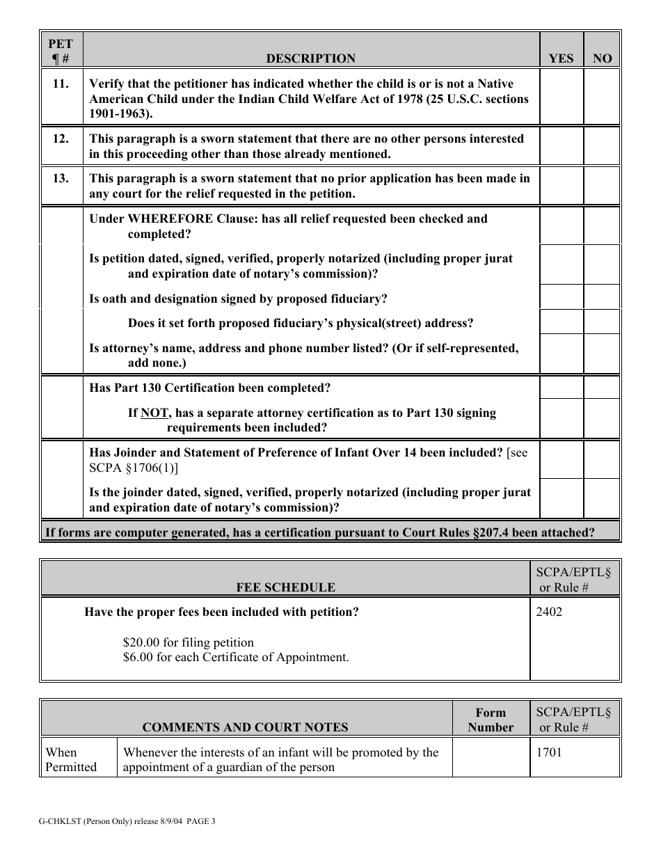 Form G-CHKLST Guardianship Proceeding Checklist Person Only - New York, Page 3