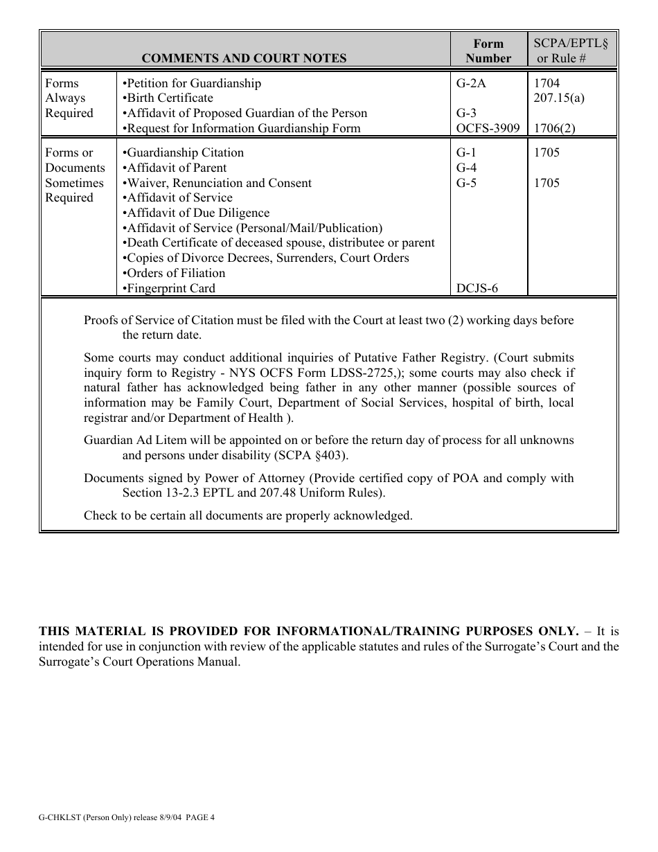 Form G-CHKLST Guardianship Proceeding Checklist Person Only - New York, Page 4