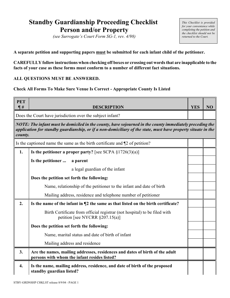 Standby Guardianship Proceeding Checklist Person and / or Property - New York, Page 1